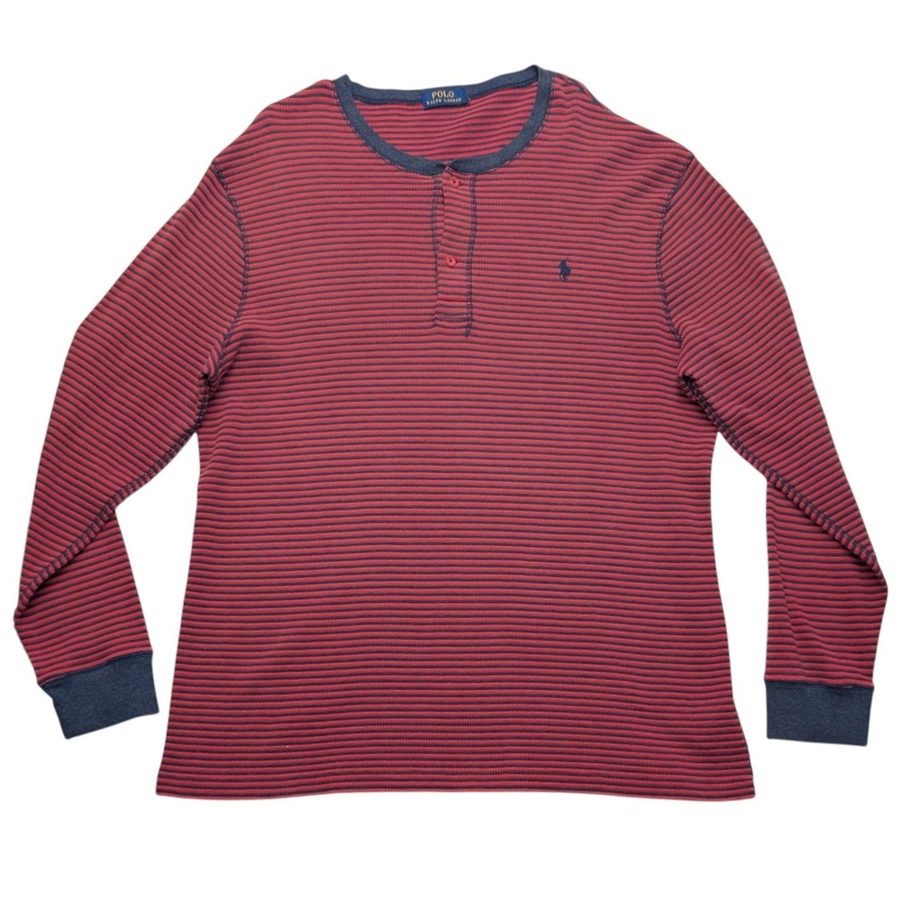 Polo Ralph Lauren Henley Mens XL Red Navy Blue Striped Long Sleeve Cotton‎ Shirt